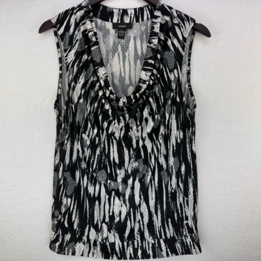Alfani Ladies Cowl Neck Top Sz M Sleeveless black white beige dots